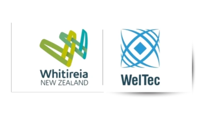 Green and blue Whitirea and Weltec logo on white background