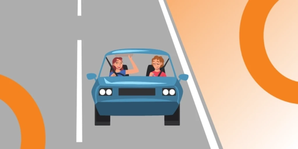 Cartoon of a blue car with a woman in a blue shirt driving and a woman in a red shirt in the front passenger seat.