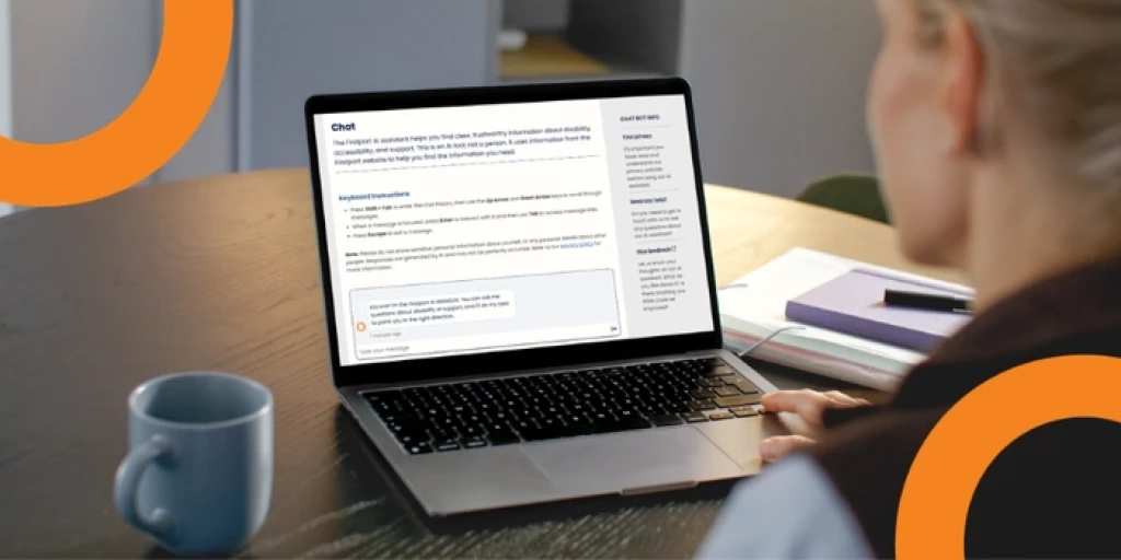 An over the shoulder shot of a woman looking at a laptop with the Firstport AI assistant on the screen
