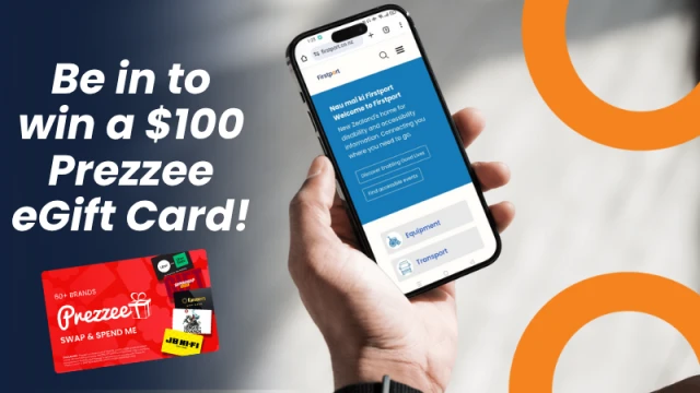 A hand holding a phone with the Firstport home page displayed, with the words 'Be in to win a $100 Prezzee eGift Card!' to the left.