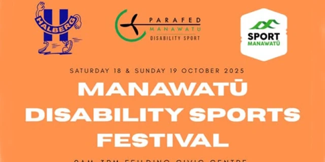Manawatū Disability Sports Festival written in white on an orange background