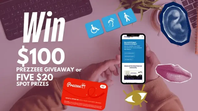 A promo image for a $100 Prezzee giveaway and five $20 spot prizes. It features a hand holding a phone with the Firstport website, accessibility icons, a Prezzee gift card, and graphic elements on a warm-toned background.