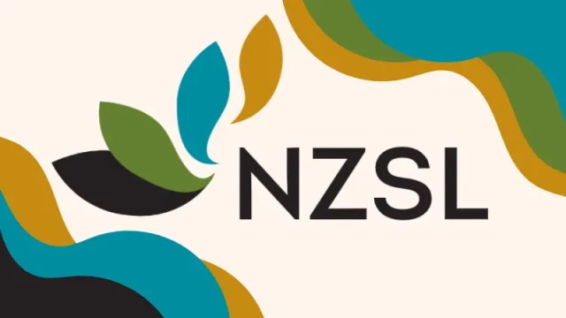 NZSL logo on white with blue green black and gold pattern swirls