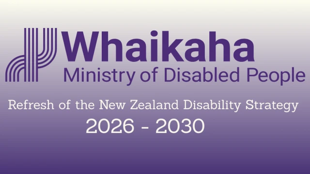 Whaikaha logo with Refresh of the nz disability strategy underneath on a purple background