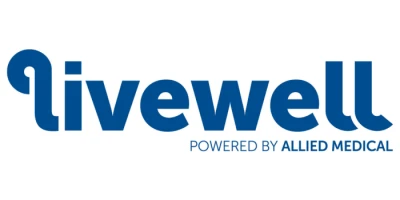 Livewell logo - 'Livewell' in lower case in blue on a white background, with the words 'Powered by Allied Medical' below'.