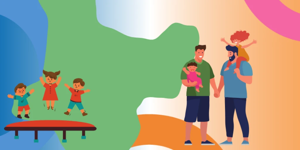 Bay of plenty map with children jumping on a tramp next to it