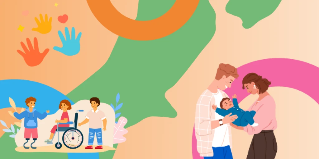 canterbury map is surrounded by disabled kids playing and a family with their baby