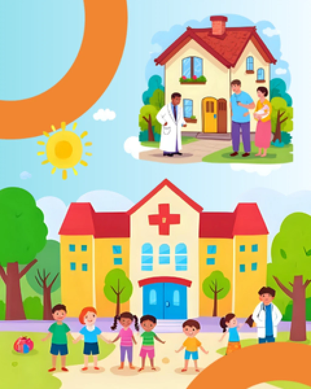 a hospital and a house with doctors and kids playing out front