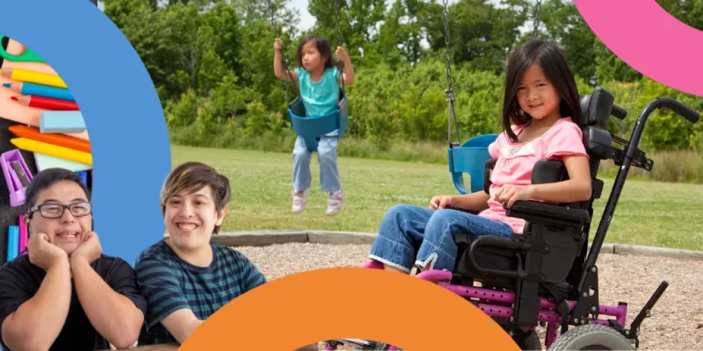 Children in the park in a wheelchair and two friends sit next to each other at school