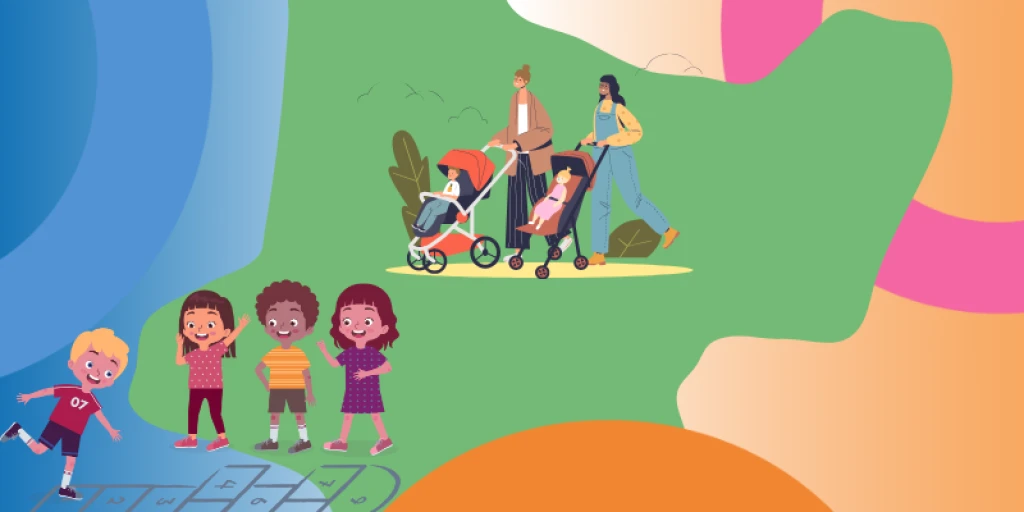 friends push their kids in pushchairs alongside Gisborne