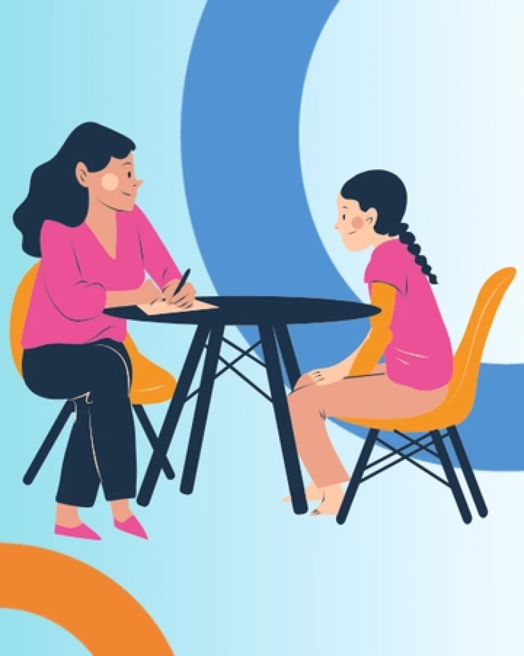 A cartoon image of woman and a girl sitting across a table from each other. The woman is writing on a piece of paper.
