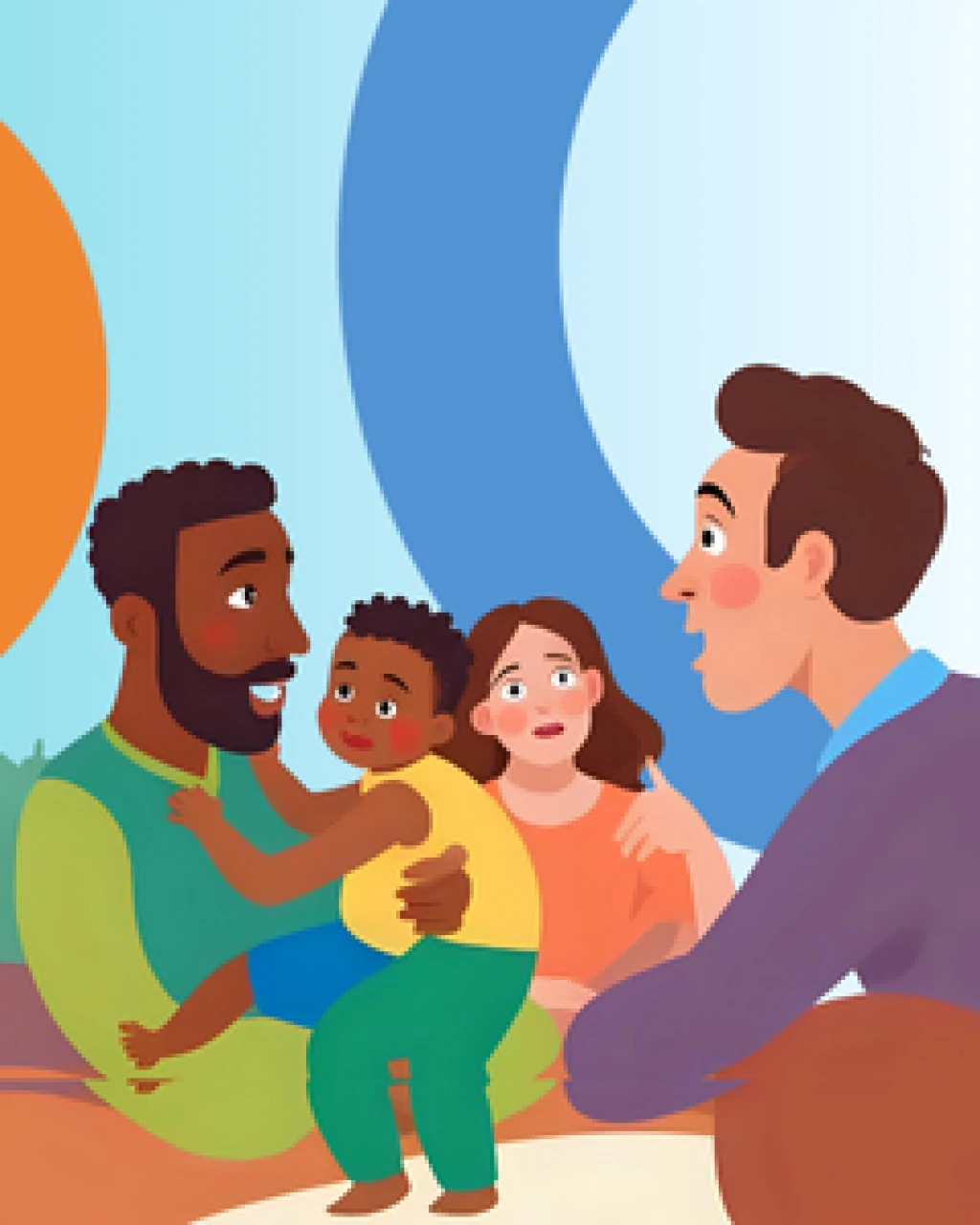 Two parents chat to a man holding their toddler playing