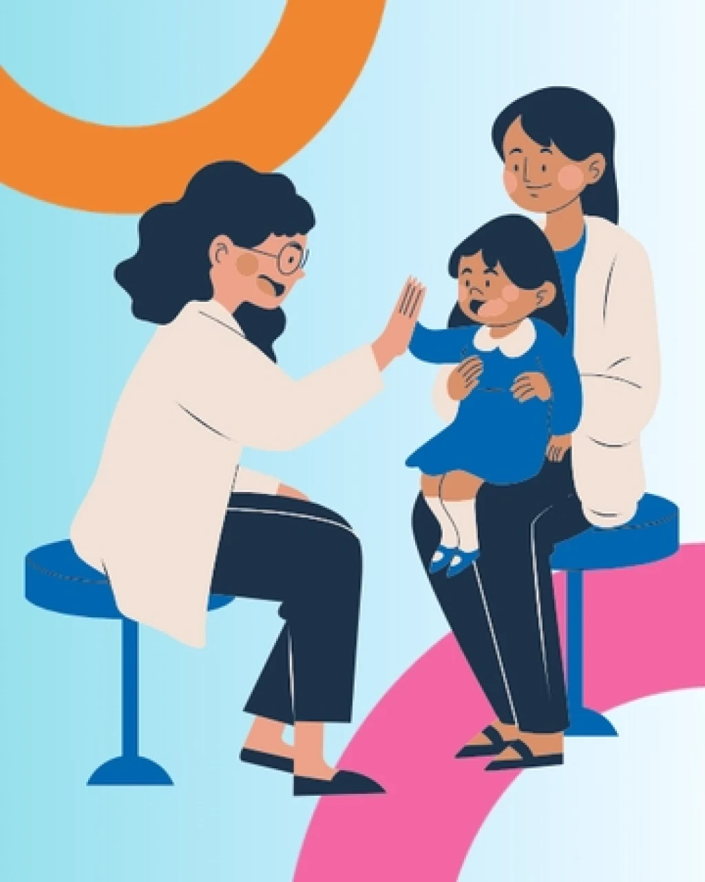 A cartoon image of a little girl giving a female doctor a high five while she sits on her mum's lap.