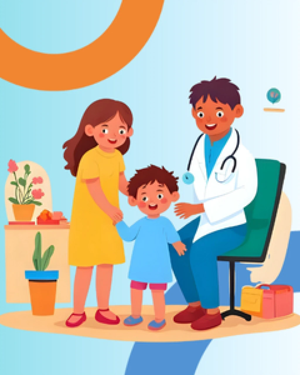 a doc and parent stand next to a child
