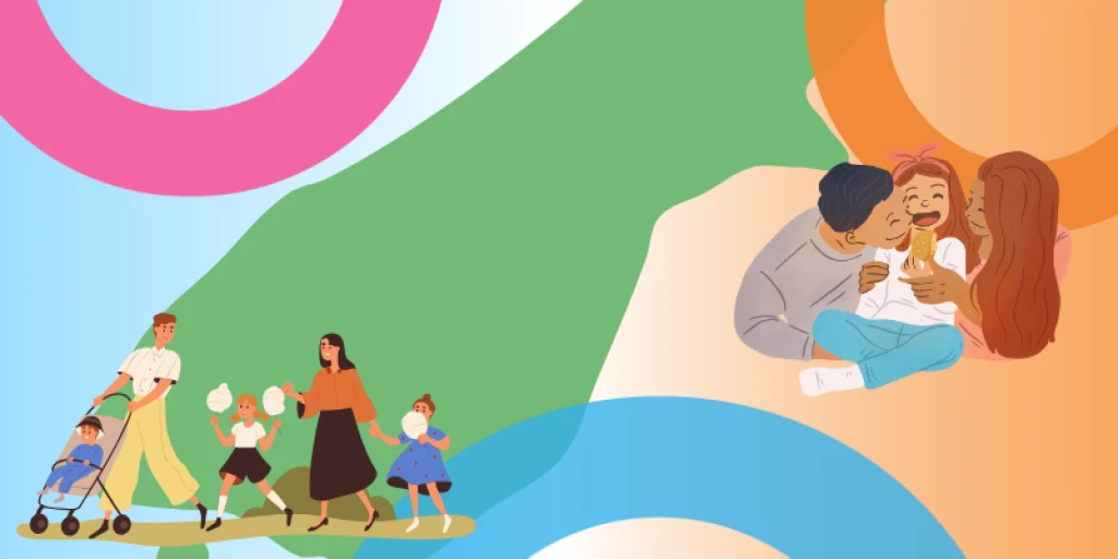 a map of otago surrounded by a couple cuddling their daughter and a family at the park