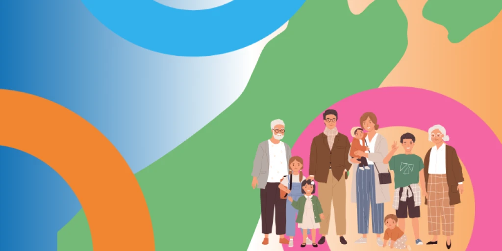 a family stand alongside West Coast map