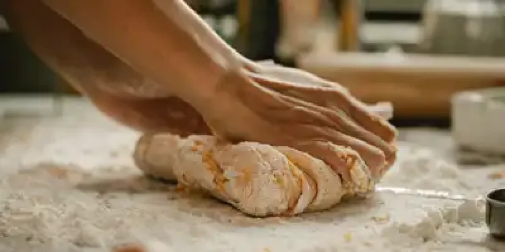 A pair of hands needing floured dough