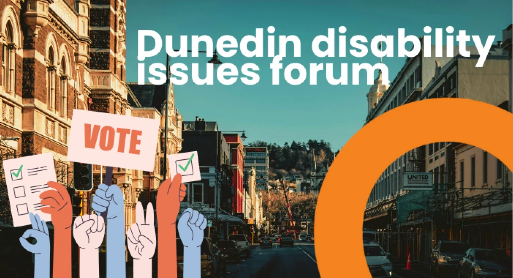 A image of a Dunedin street with Dunedin disability issues forum text overtop