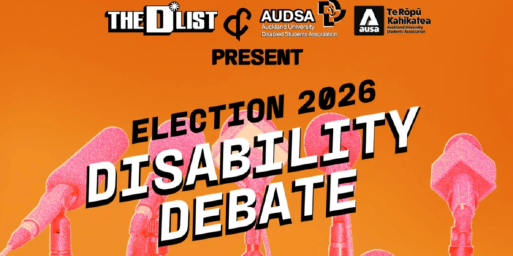 'Election 2026 Disability Debate' with an orange background. There are 5 pink microphones behind the text.