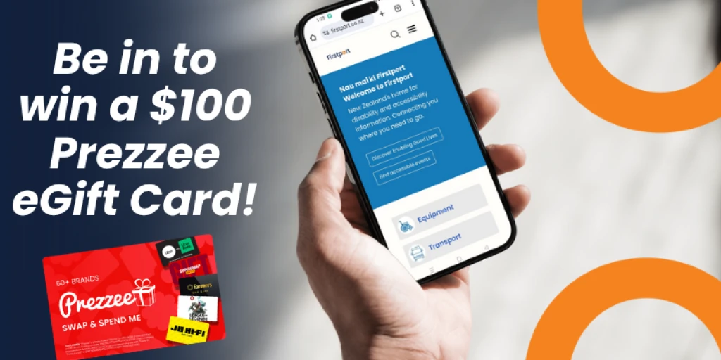 A hand holding a phone with the Firstport home page displayed, with the words 'Be in to win a $100 Prezzee eGift Card!' to the left.
