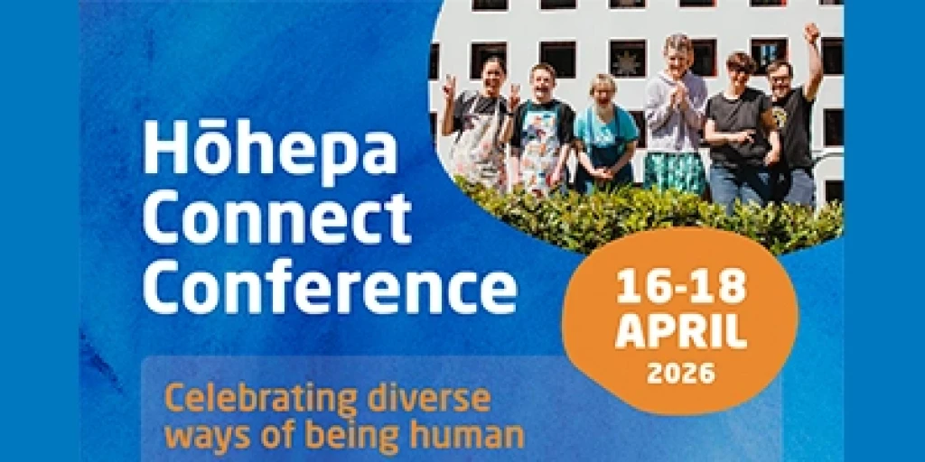 Hohepa Connect written in white on a blue background, with a photo of six people with intellectual disabilities waving to the camera