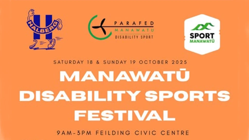Manawatū Disability Sports Festival written in white on an orange background