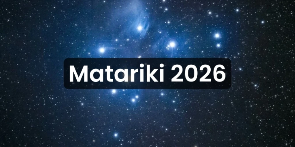 The Matariki constellation with the words 'Matariki 2026 written over' it