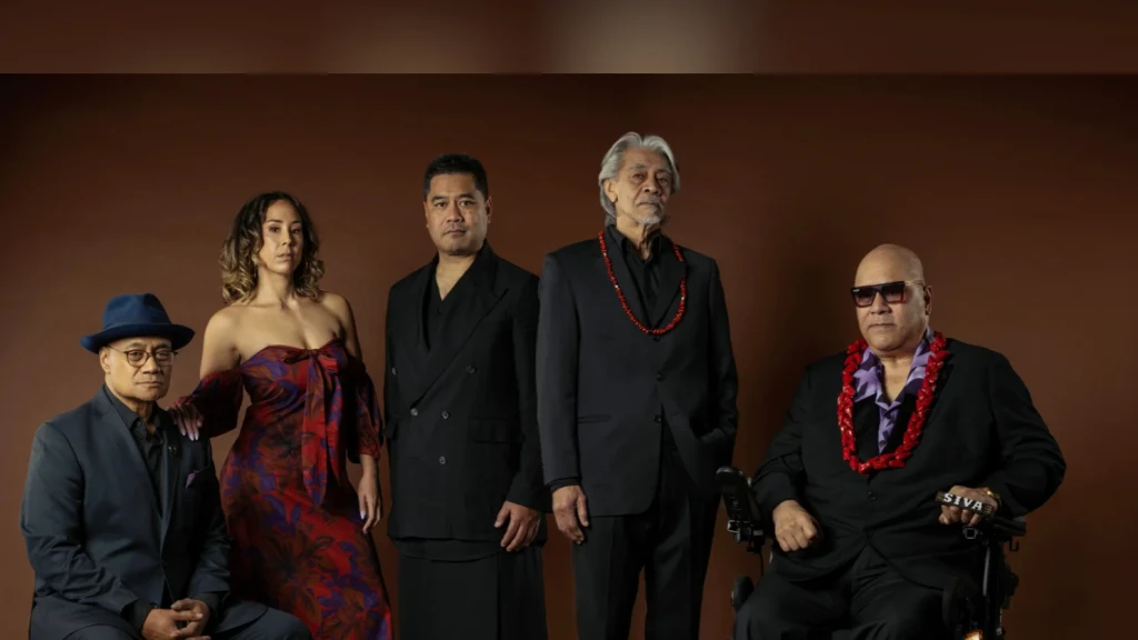 Four Samoan men and a woman in dark formal clothing in front of a brown background