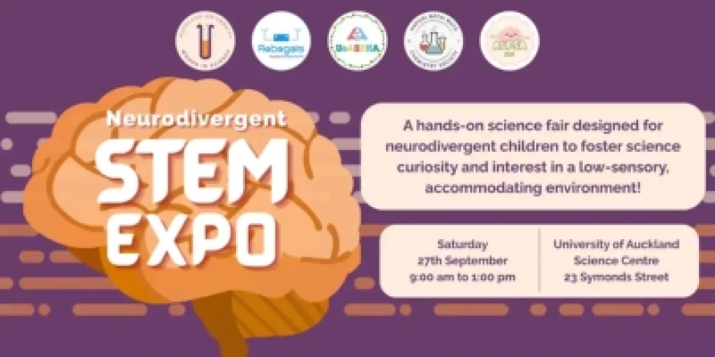Orange brain with Neurodivergent STEM Expo written in white across it