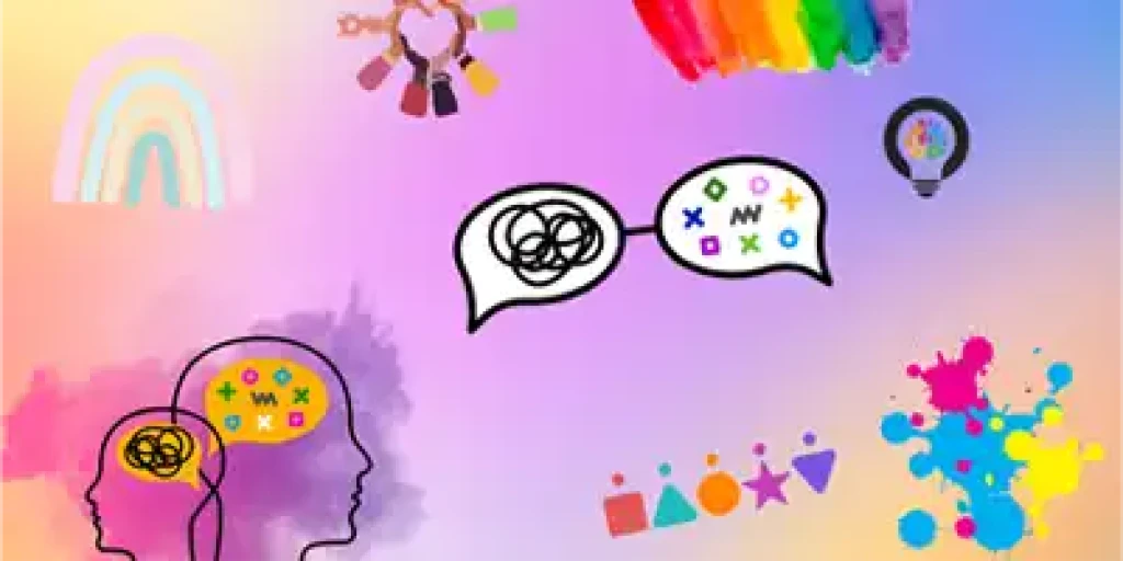 Pinks, purples and blue gradients with colourful graphics representing neurodiverse.