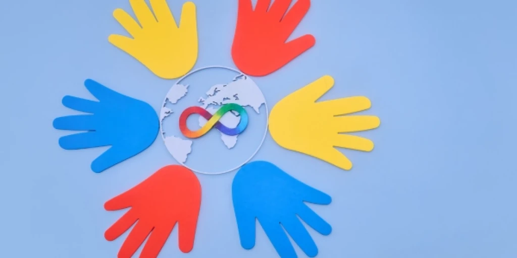 A rainbow infinity symbol on top of a globe, which is surrounded by red, yellow, and blue hands.