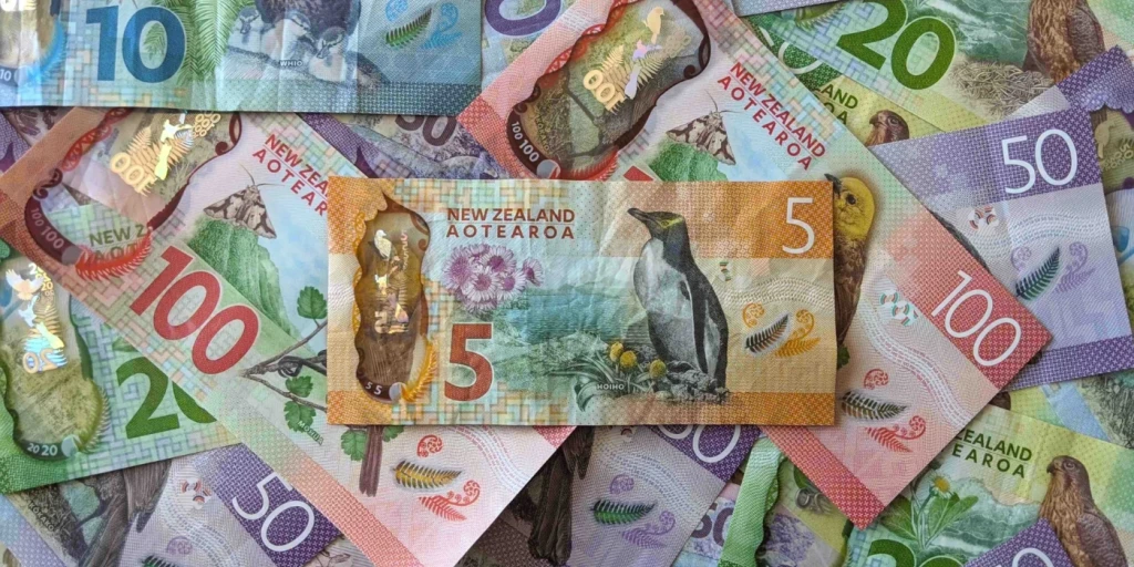 A range of New Zealand money notes spread out