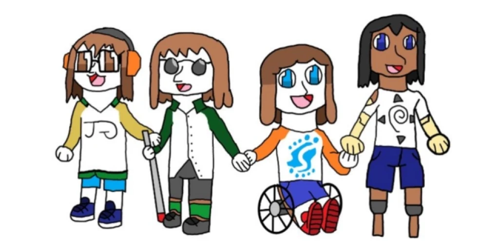 A drawing of four people with various disabilities