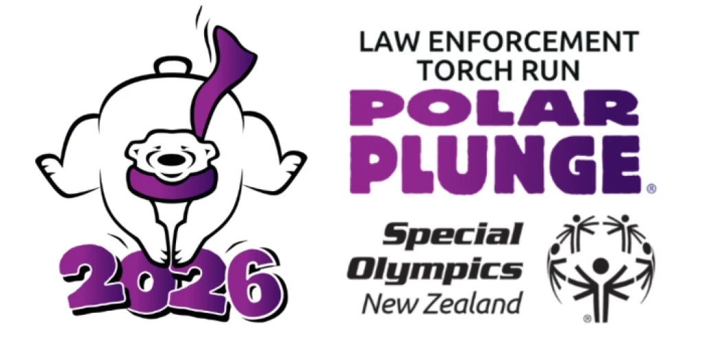 Polar plunge logo - a polar bear with a purple scarf diving into the number 2026. The words 'Law Enforcement Torch Run Polar Plunge' is written to the right of it, with the Special Olympics New Zealand below the words.