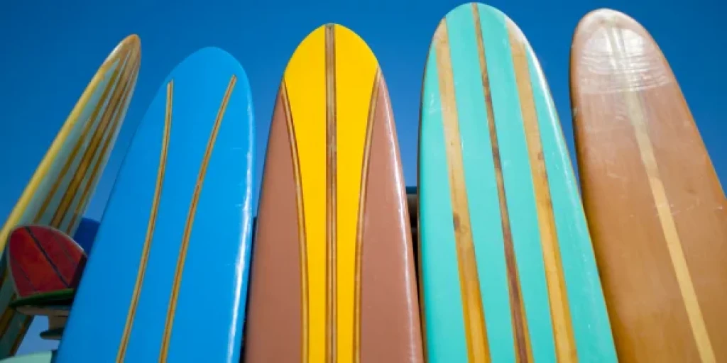 A row of surfboards standing upright