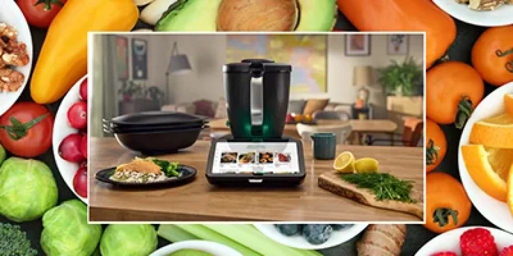 A thermomix kitche appliance on a bench top next to a plate of cooked chicken, rice, and broccoli