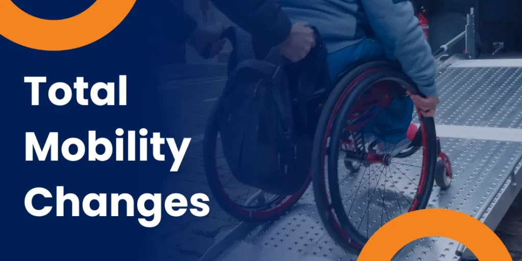 Person in a wheelchair being wheeled into the back of a mobility van. Total Mobility Changes is written in white on a blue background