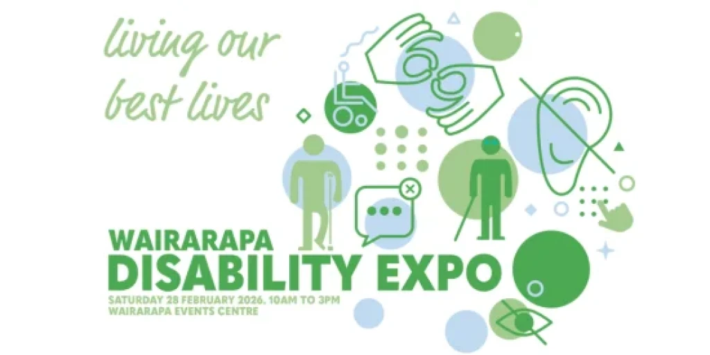 Wairarapa Disability Expo written in green on a white background, surrounded by icons representing Deafness, blindness, and mobility aids