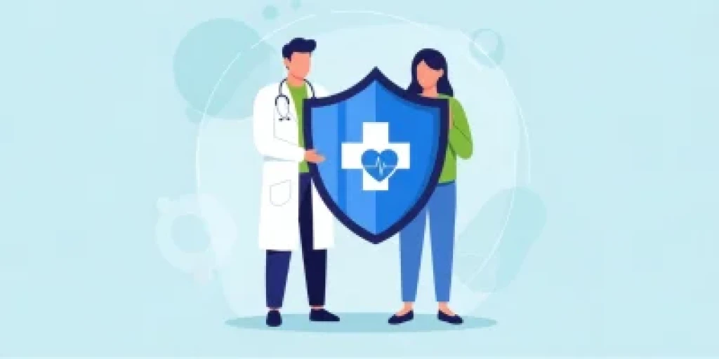 Illustration of a doctor and a patient standing behind as blue shield with a wite cross on it