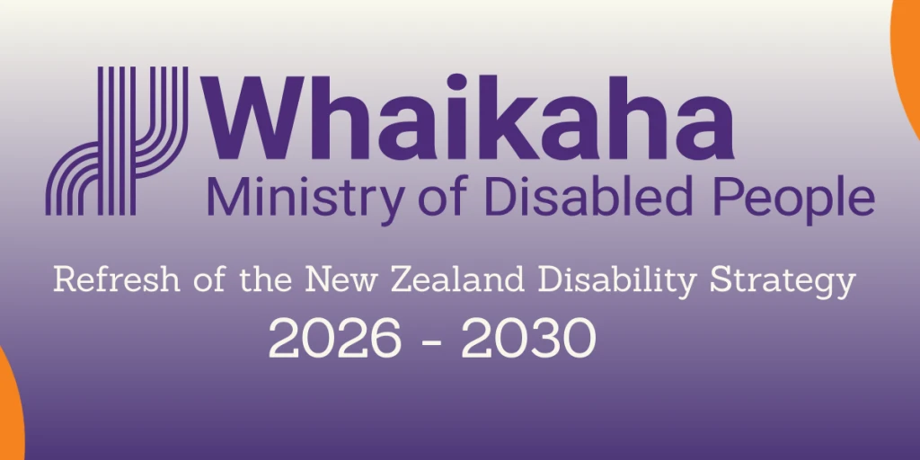 Whaikaha logo with Refresh of the nz disability strategy underneath on a purple background