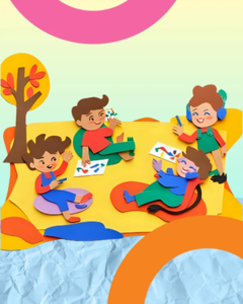 Kids playing on a mat with wellbeing activties like painting and music