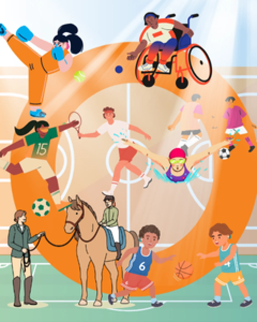 A whole lot of kids are playing all kinds of accessible sports on a basketball and football pitch